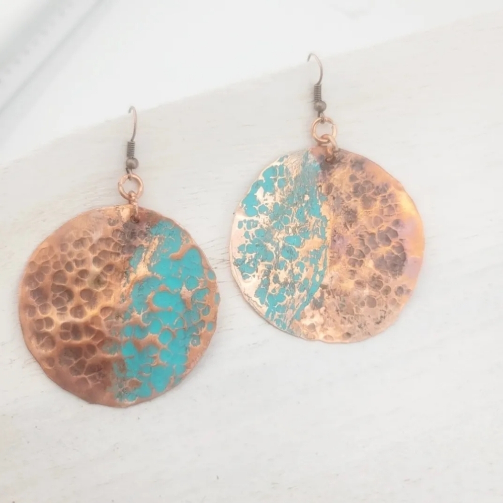 COPPER EARRINGS HANDMADE WITH BLUE & BROWN PATINA 2" APPROX - Picture 4 of 7